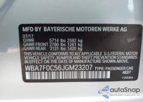 2018 BMW 750I from USA, damaged, VIN WBA7F0C56JGM23207